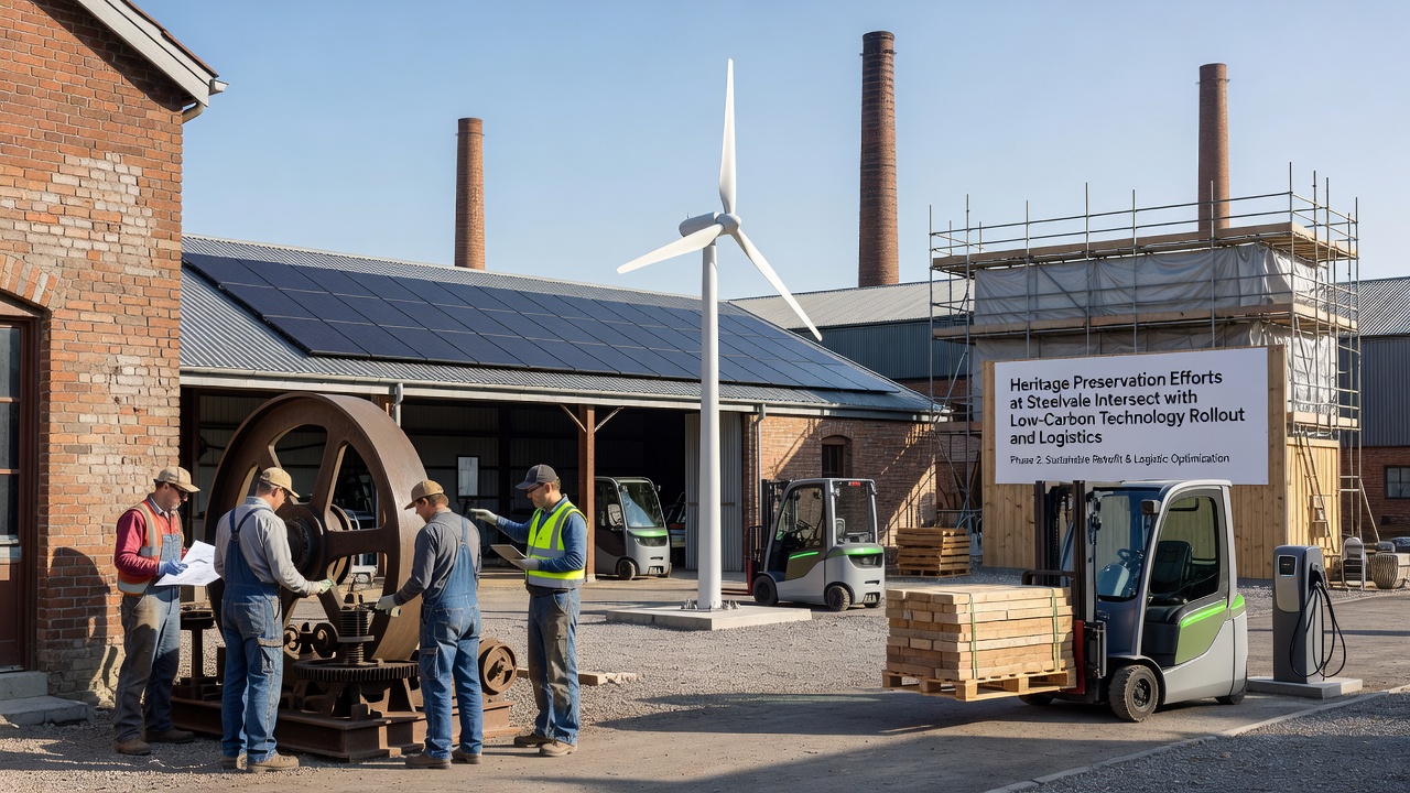 Close-up of preserved industrial machinery at Steelvale integrated with sensors and low-carbon monitoring equipment